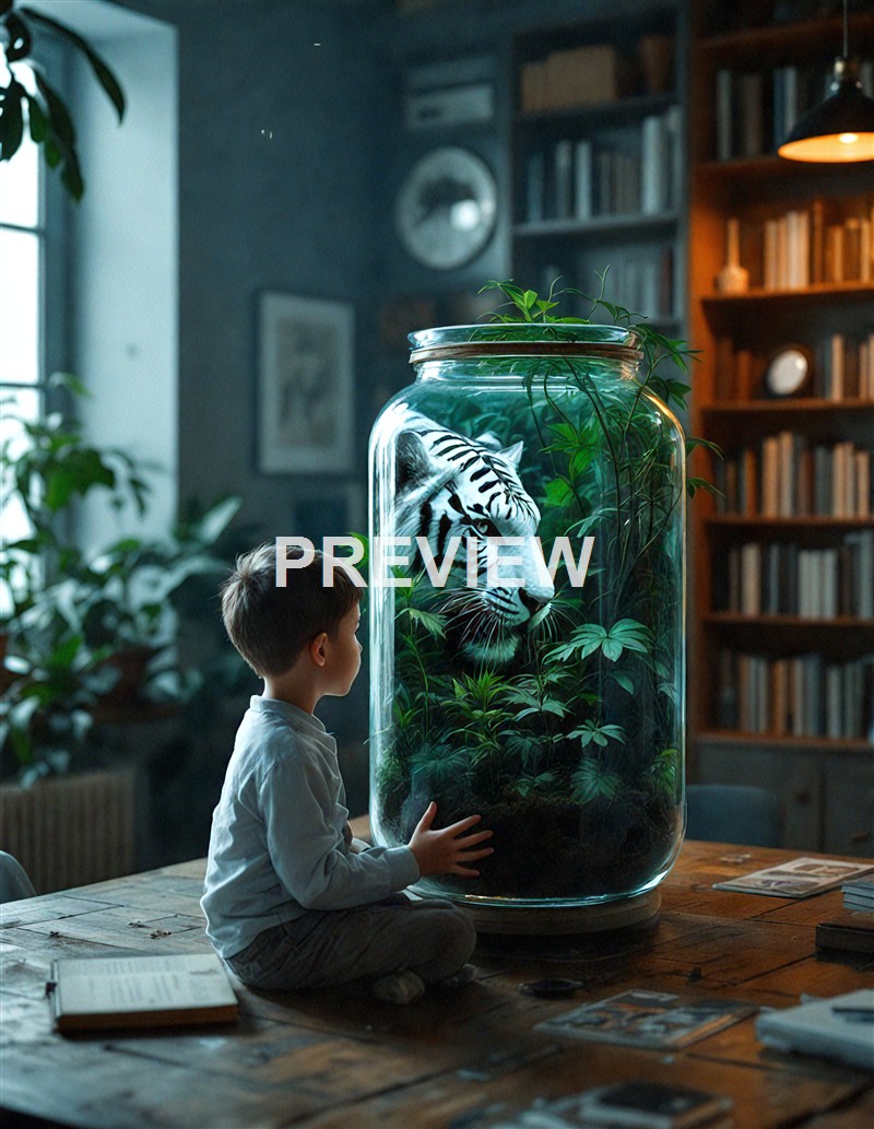 A young boy sitting at a wooden table in a room filled with books, gazing at an oversized glass jar containing a white tiger's head surrounded by lush green plants.